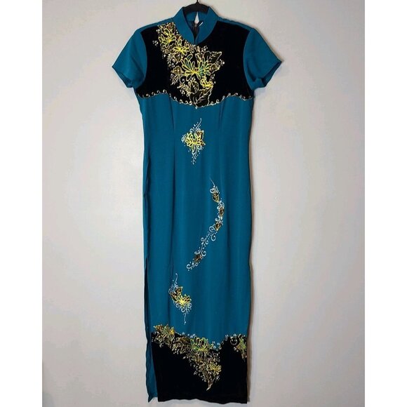 Velvet Silky Cheongsam Full Length Dress Gothic Small Mandarin Gilded Glitter - Picture 1 of 8